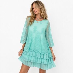 Paisley Vine Mint Lace Embroidered Dress Tunic Womens M Boho Lagenlook Cottage